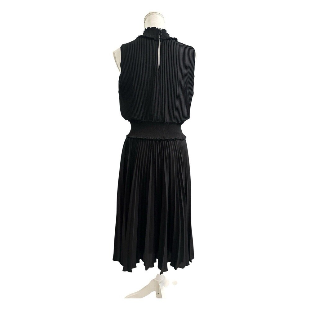 Nanette Lepore Black Pleated Midi Dress Smocked Waist Mock Neck Sleeveless 14 - Picture 5 of 7